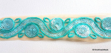 Beige Net Lace Trim With Blue Embroidery And Sequins, Approx. 35mm wide